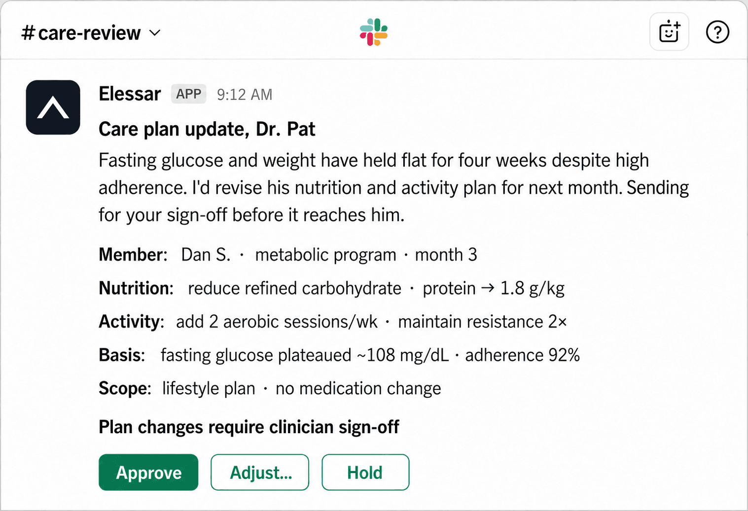 Slack thread: Elessar requests a clinician's sign-off on a member's care plan update